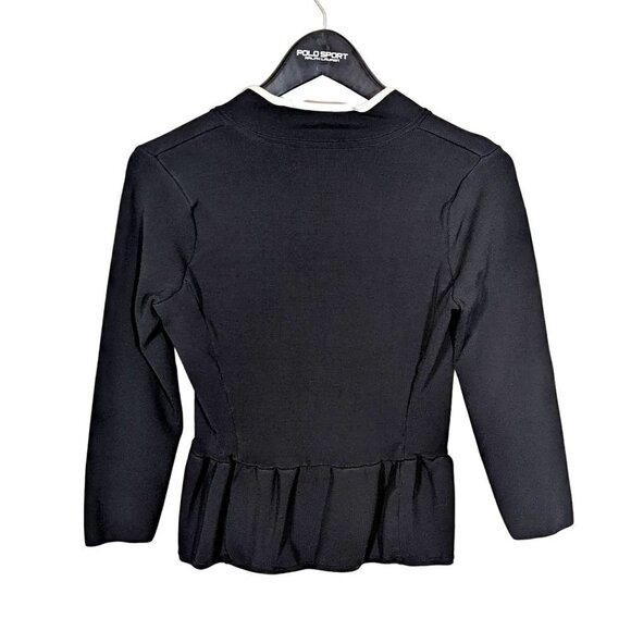 $450 Pink Tartan Canada Sz M Black Ruffle Stretch Open Blazer Jacket White Trim - Picture 2 of 7